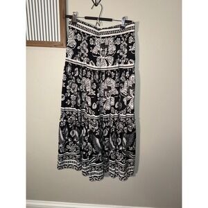 Rachel Zoe Navy White Floral Bird Print Tiered Maxi Skirt Medium Boho Flowy